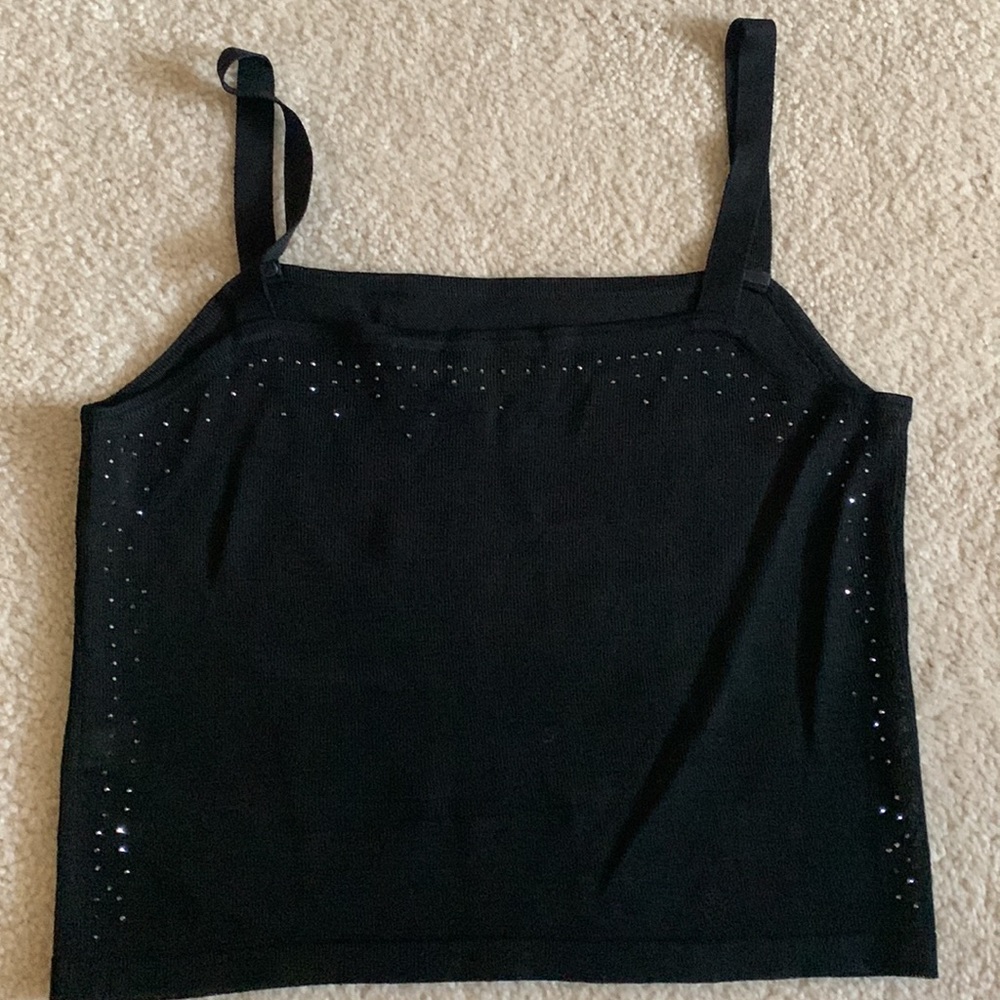 Black shirt/cami, black rhinestones, straps, Dana B, MP.